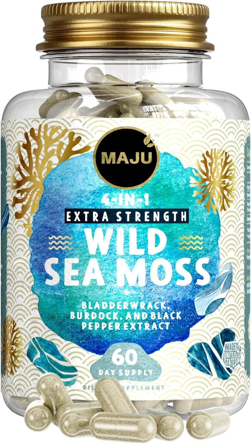 MAJU 4-in-1 Organic Sea Moss Capsules – Wild Chondrus Crispus with Bladderwrack, Burdock Root & Black Pepper - görsel 1