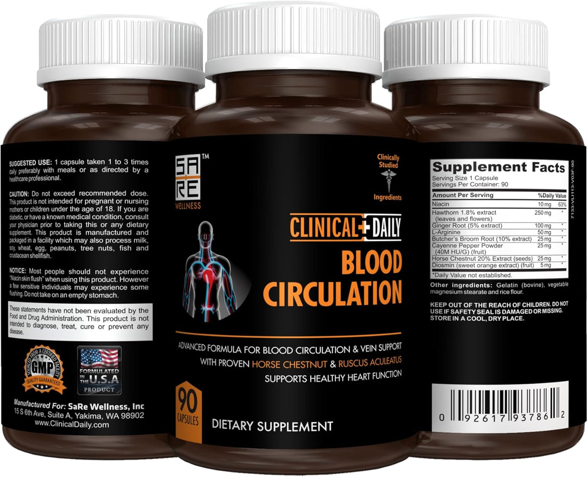 Clinical Daily Blood Circulation Supplement – Butcher's Broom, Horse Chestnut, Cayenne, L-Arginine, Diosmin – 90 Capsules - görsel 4