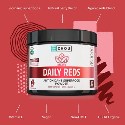 Zhou Organic Reds Powder - Red Superfood with Beetroot, Super Fruits, Goji Berry & Tart Cherry, Antioxidant Support, Natural Berry Flavour, 140 g (30 Servings)