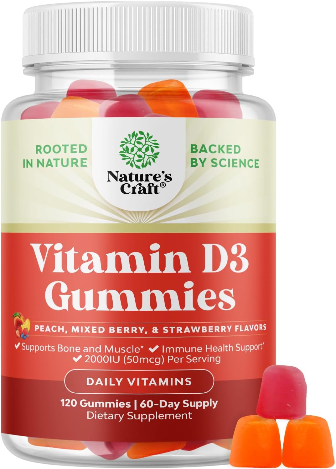 Natures Craft Vitamin D3 Gummies for Daily Wellness – 50 µg (2000 IU) per Serving – Immune & Bone Support – Non-GMO, Gluten-free – 120 Count - görsel 1