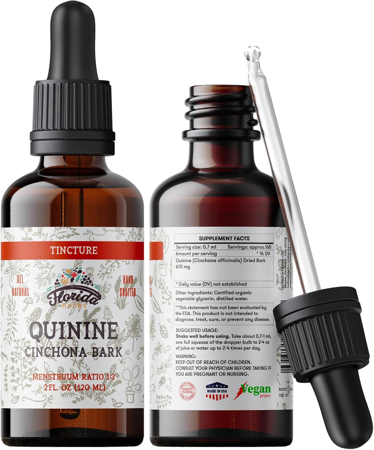 FLORIDA HERBS Quinine Tincture Extract – Cinchona officinalis Dried Bark Herbal Supplement, Non-GMO, Gluten-free, 60 ml - görsel 1