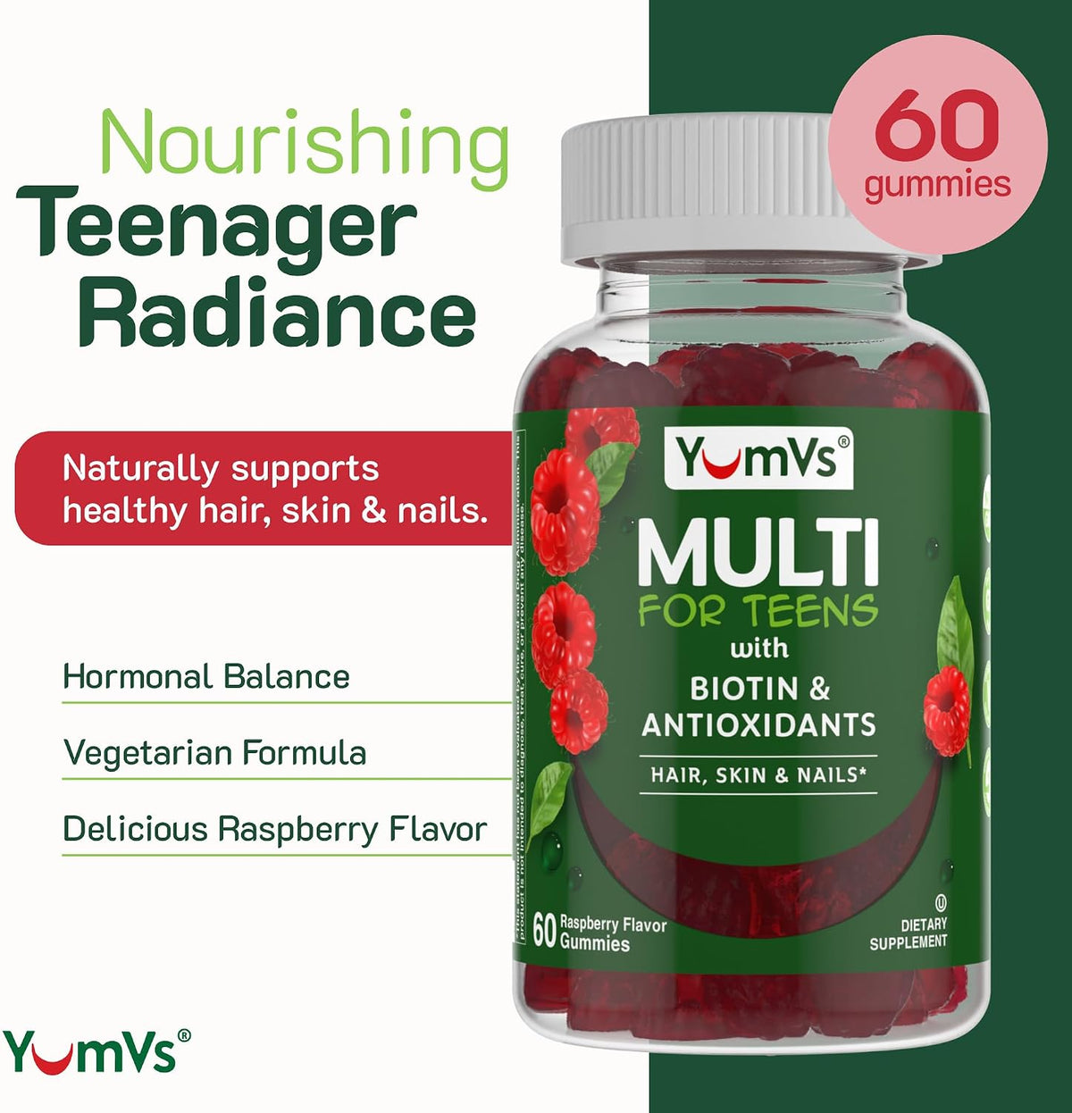 YUM-V'S Teen Multivitamin Gummies with Biotin & Antioxidants – Raspberry – 60 Gummies - görsel 2