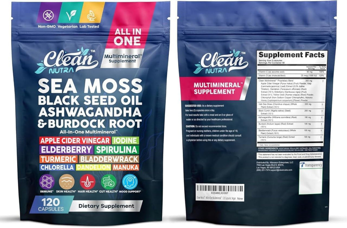 Clean Nutraceuticals MultiMineral Blend - Sea Moss, Black Seed Oil, Ashwagandha, Turmeric, Bladderwrack, Burdock, Vitamins C & D3 - 120 Capsules - görsel 9