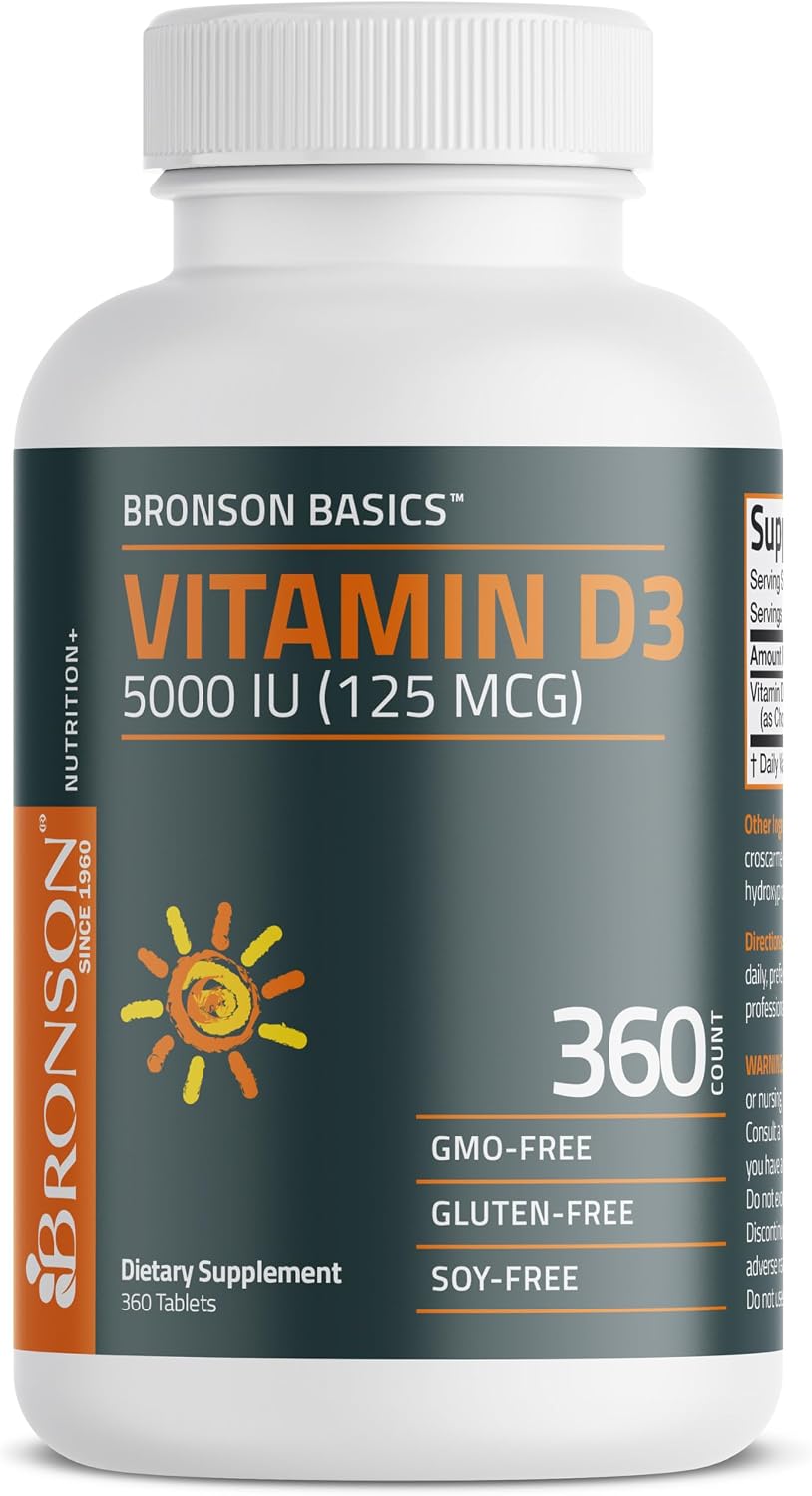 Bronson Vitamin D3 5000 IU (125mcg) Non-GMO Gluten-Free Soya-Free 360 Tablets - görsel 5