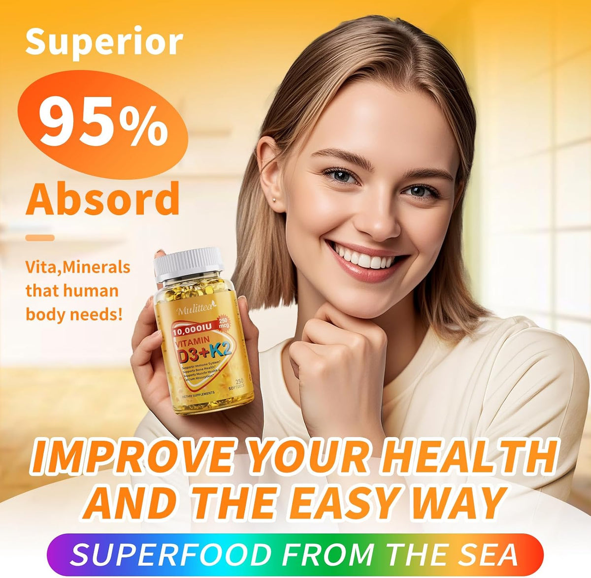 Mulittea Plant-Based Vitamin D3 & K2 10,000 IU with Coconut MCT Oil - 250 Soft gel capsules - görsel 5