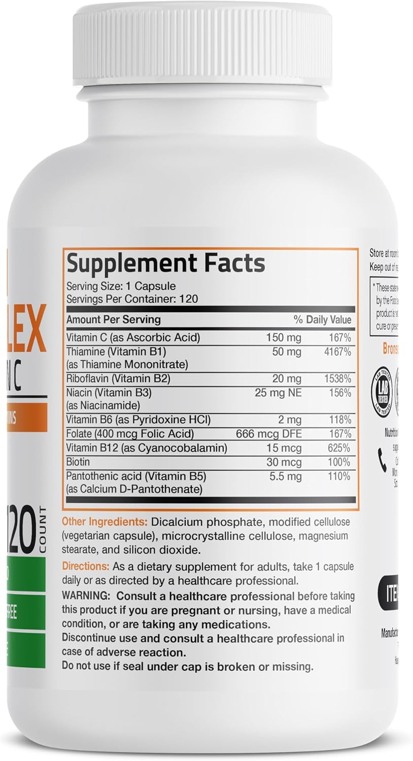 Bronson Vitamin B Complex with Vitamin C, 120 Vegetarian Capsules - görsel 2