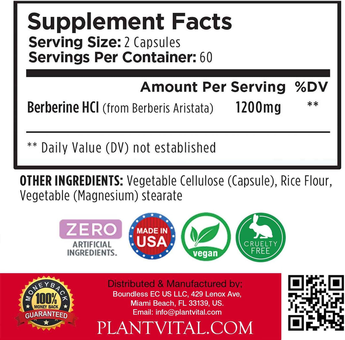 Plantvital Berberine 1200mg (2 Capsules per Serving) - Non-GMO Vegan Supplement for Immune & Heart Health, 240 Capsules - görsel 4