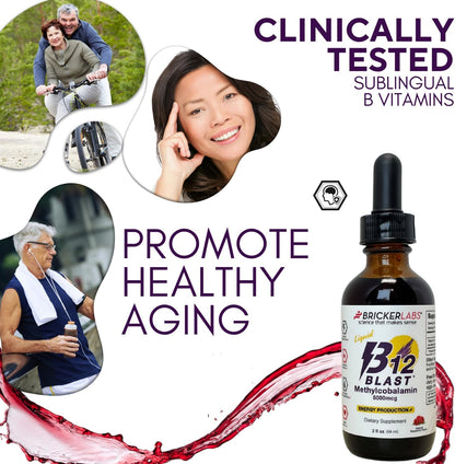 Bricker Labs B12 Blast Methylcobalamin 5000mcg Sublingual Liquid - Vegan B12 Energy Supplement