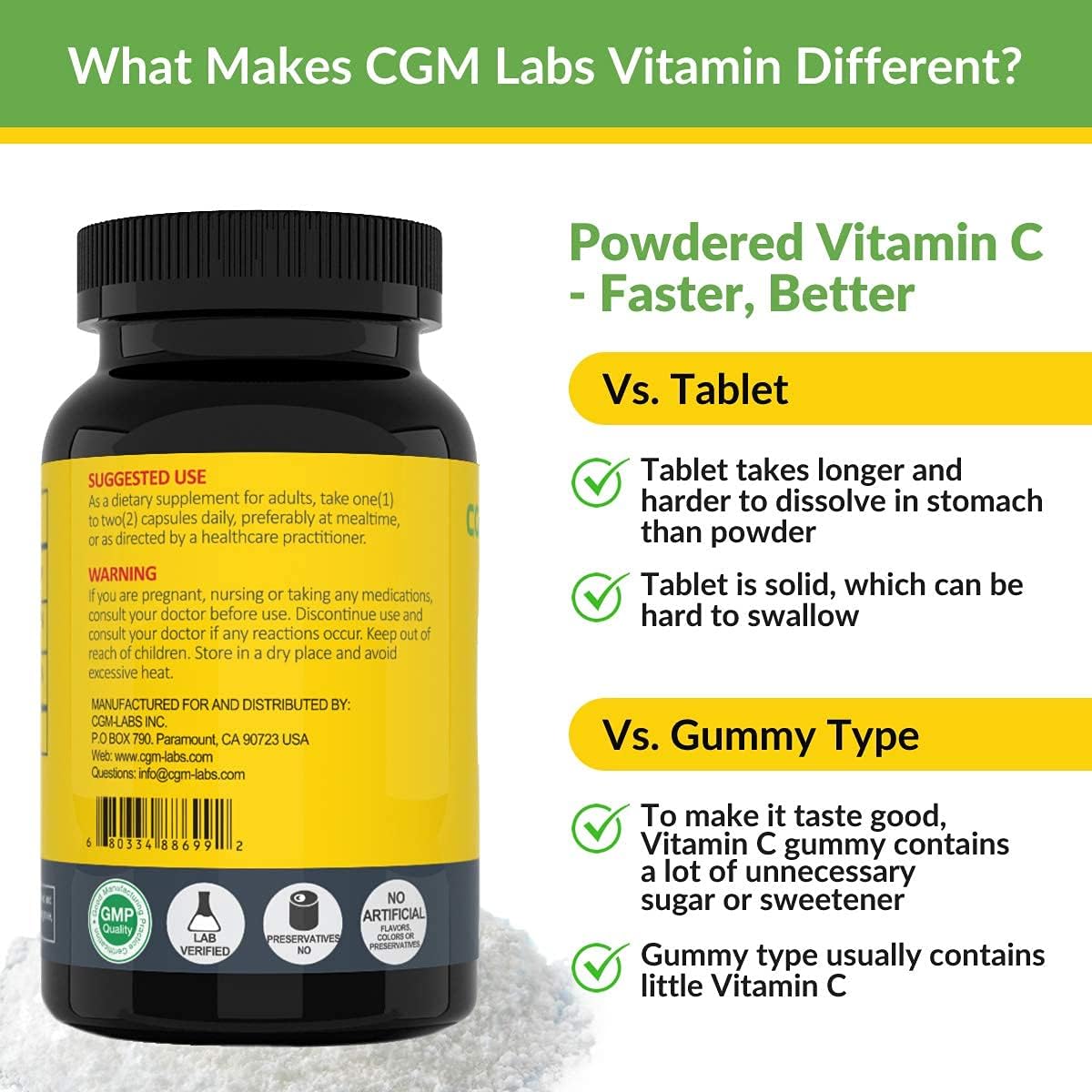 Non Acidic Vitamin C Food Supplement 1500mg with Calcium - Gentle on Stomach, Immune/Bone Support - 100 Caps by CGM Labs - görsel 4
