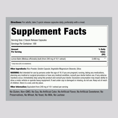 Piping Rock Lemon Balm Capsules | 200 Capsules | Non-GMO & Gluten-Free