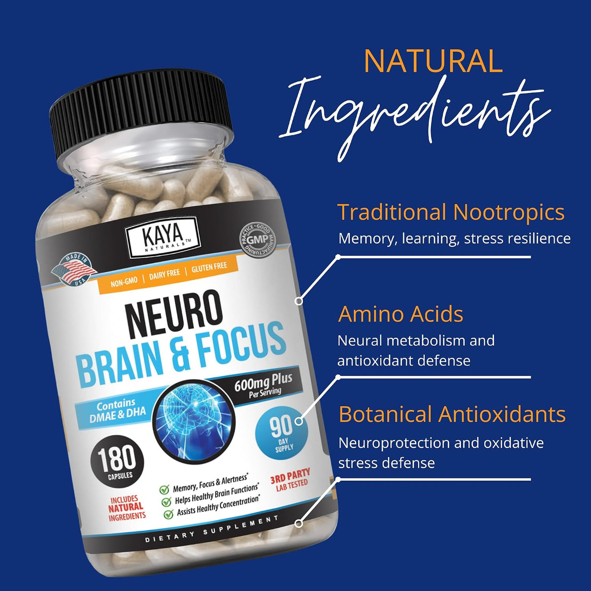 Kaya Naturals Neuro Brain – Nootropic Brain Support Supplement for Memory, Focus & Concentration (180 Capsules) - görsel 5