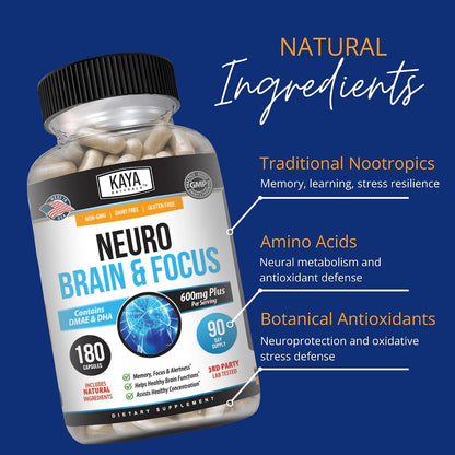 Kaya Naturals Neuro Brain – Nootropic Brain Support Supplement for Memory, Focus & Concentration (180 Capsules)