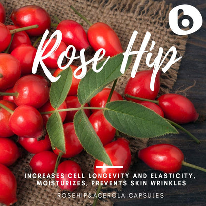 b Natural Rose Hips & Acerola Capsules - Plant-Based Vitamin C 1000mg - Vegan, Non-GMO