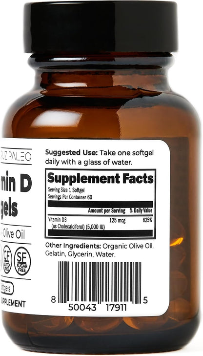 Santa Cruz Paleo Vitamin D3 5000 IU Softgels with Olive Oil, Supports Bone Health, Gluten-Free, Paleo, Keto - 60 Softgels