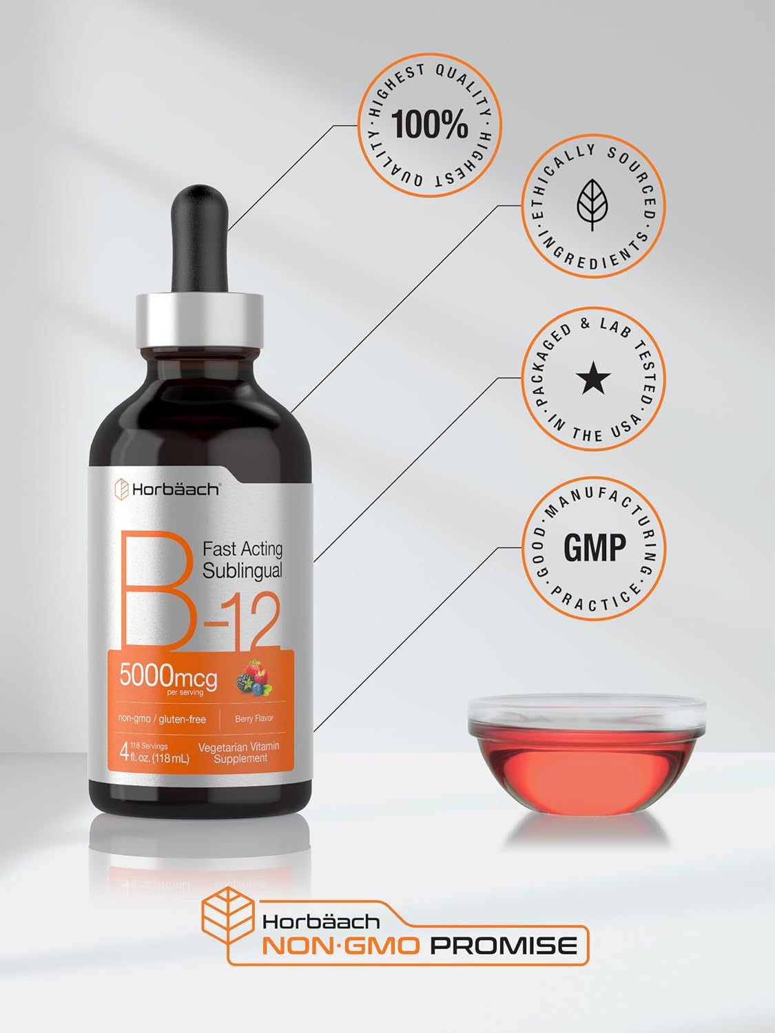 Horbaach B12 5000 mcg Sublingual Liquid Drops - Methylcobalamin & Cyanocobalamin, Berry Flavour, 118ml - görsel 6