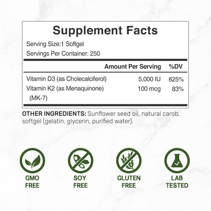 DEAL SUPPLEMENT Vitamin D3 5,000 IU + K2 MK7 Softgels (500 Count)