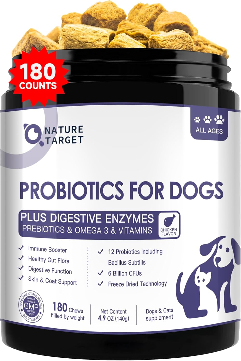 NATURE TARGET Probiotics for Dogs, 6 Billion CFUs, Freeze-Dried Dog Probiotics with Prebiotics & Enzymes for Digestive Health, Omega 3 for Skin & Immune Support, 180 Chews - görsel 1