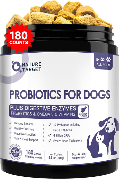 NATURE TARGET Probiotics for Dogs, 6 Billion CFUs, Freeze-Dried Dog Probiotics with Prebiotics & Enzymes for Digestive Health, Omega 3 for Skin & Immune Support, 180 Chews