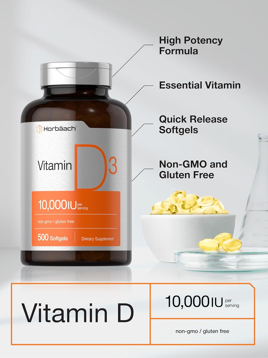 Horbäach Vitamin D3 10,000 IU (250 mcg) – 500 Softgels, Non-GMO, Gluten-free High Potency Supplement - görsel 4
