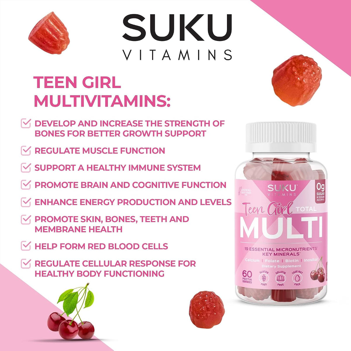 SUKU Teen Girl Multivitamin Gummies – Vitamins A, B12, C, D3, E, Biotin & Zinc – Sugar-Free Vegetarian – Cherry – 60 Gummies - görsel 7