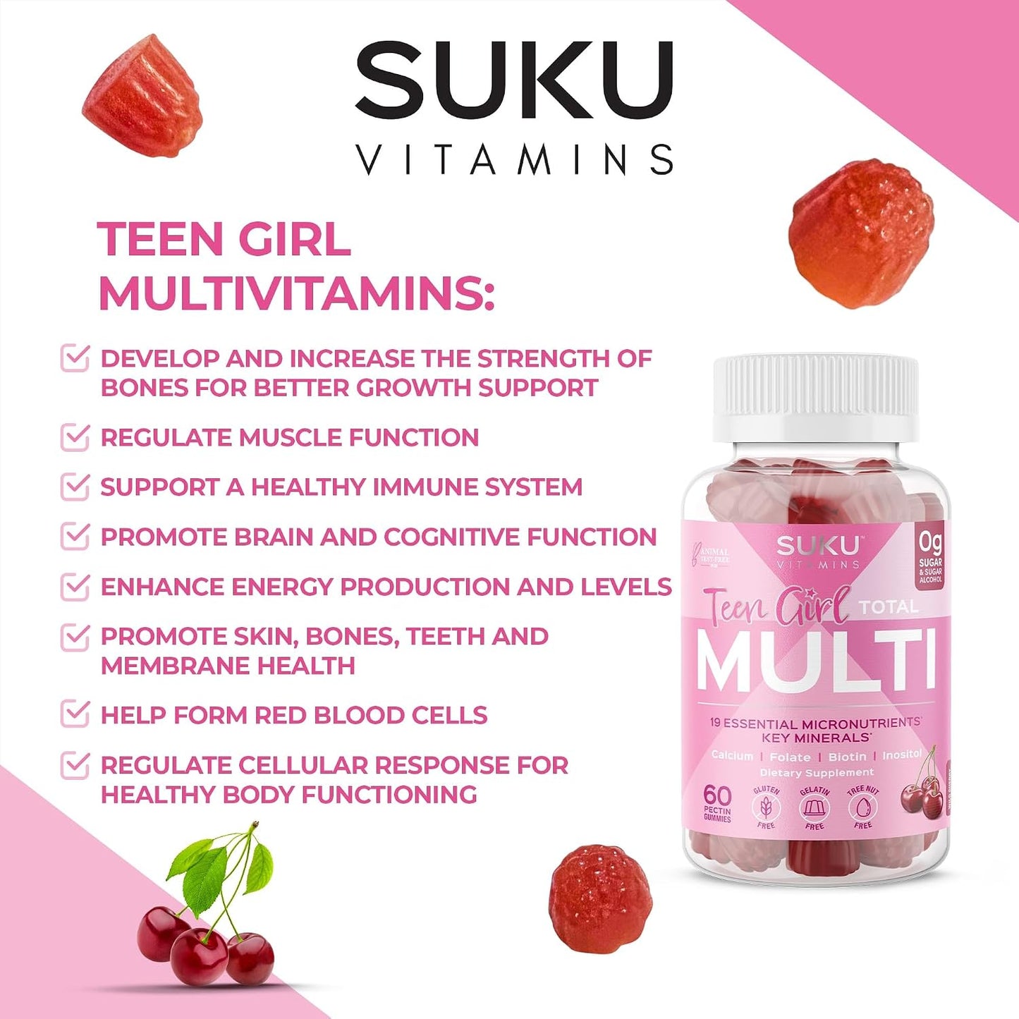 SUKU Teen Girl Multivitamin Gummies – Vitamins A, B12, C, D3, E, Biotin & Zinc – Sugar-Free Vegetarian Supplement for Skin, Energy, Immune & Bone Health – Cherry Flavour – 60 Count - görsel 7