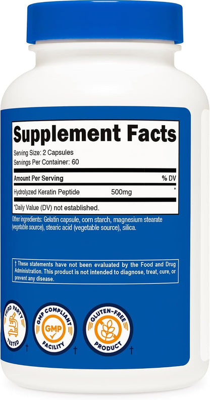 Nutricost Keratin Hydrolysed Peptide Capsules - 500mg, 120 Capsules (60 Servings) - Non-GMO, Gluten-Free