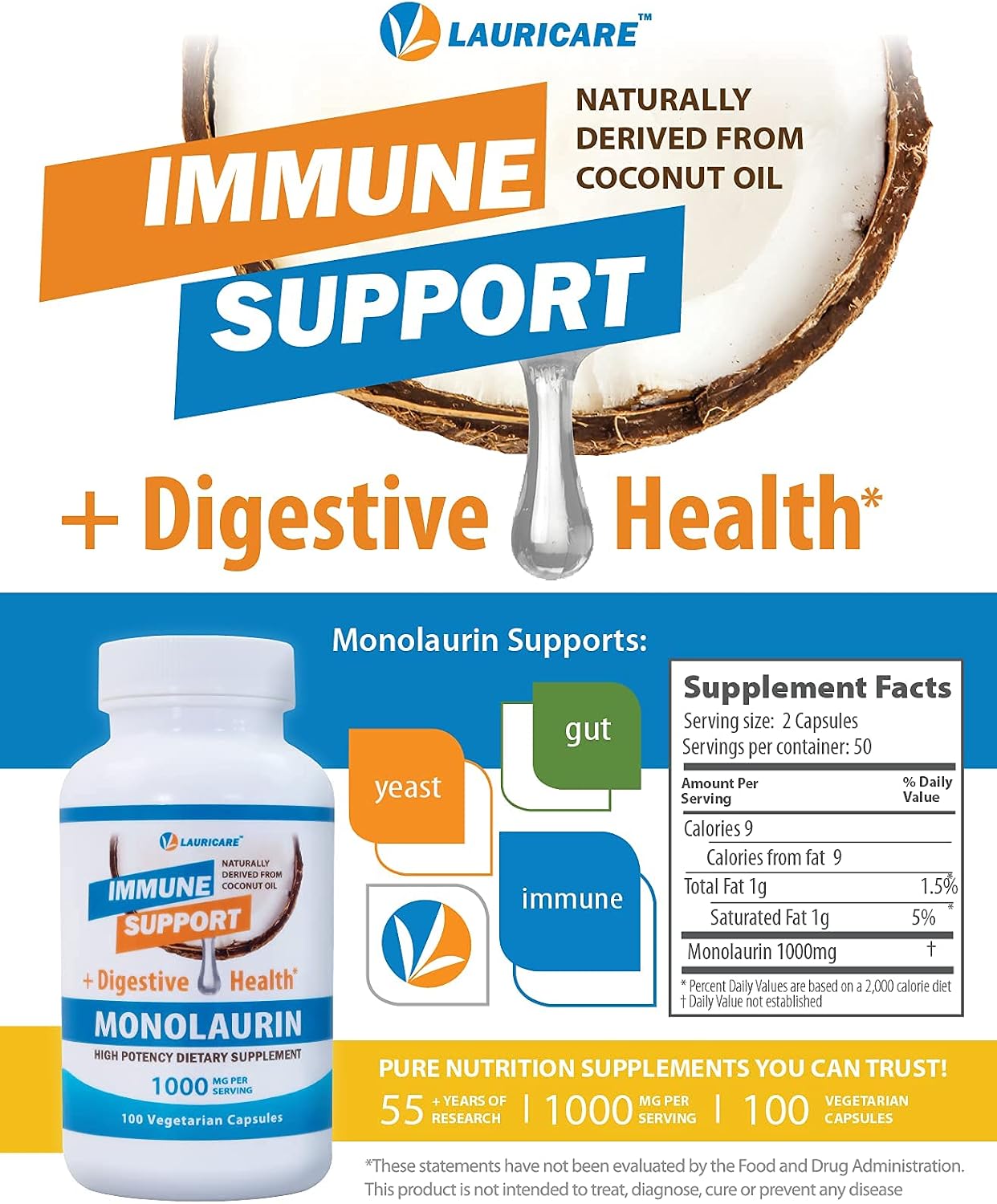 Lauricare Monolaurin Food Supplement for Immune & Gut Health - 1000mg per Serving - 100 Capsules - görsel 3