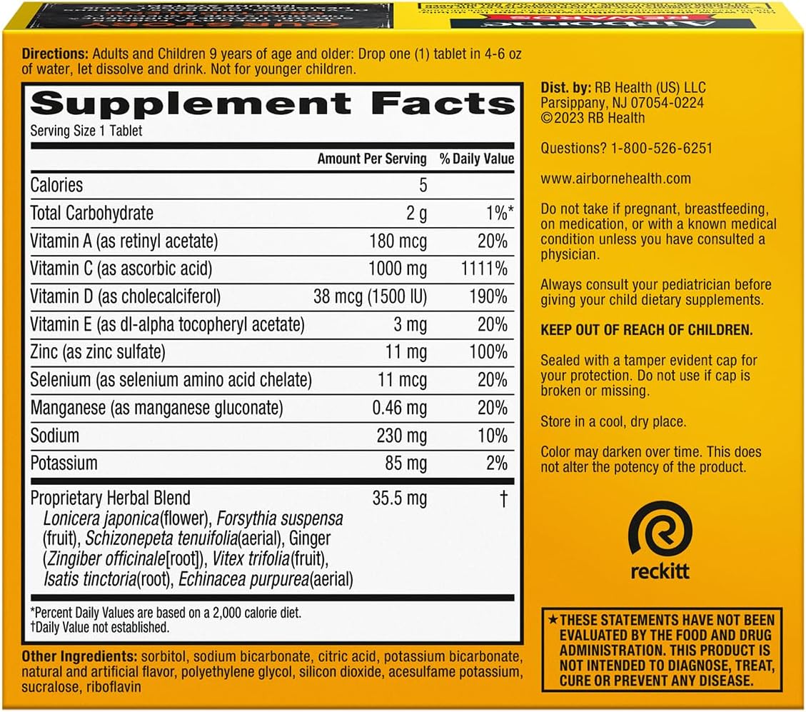 Airborne 1000mg Vitamin C + Zinc Sugar Free Immune Support Effervescent Tablets, Zesty Orange, 30 Tablets (3 Pack) - görsel 3
