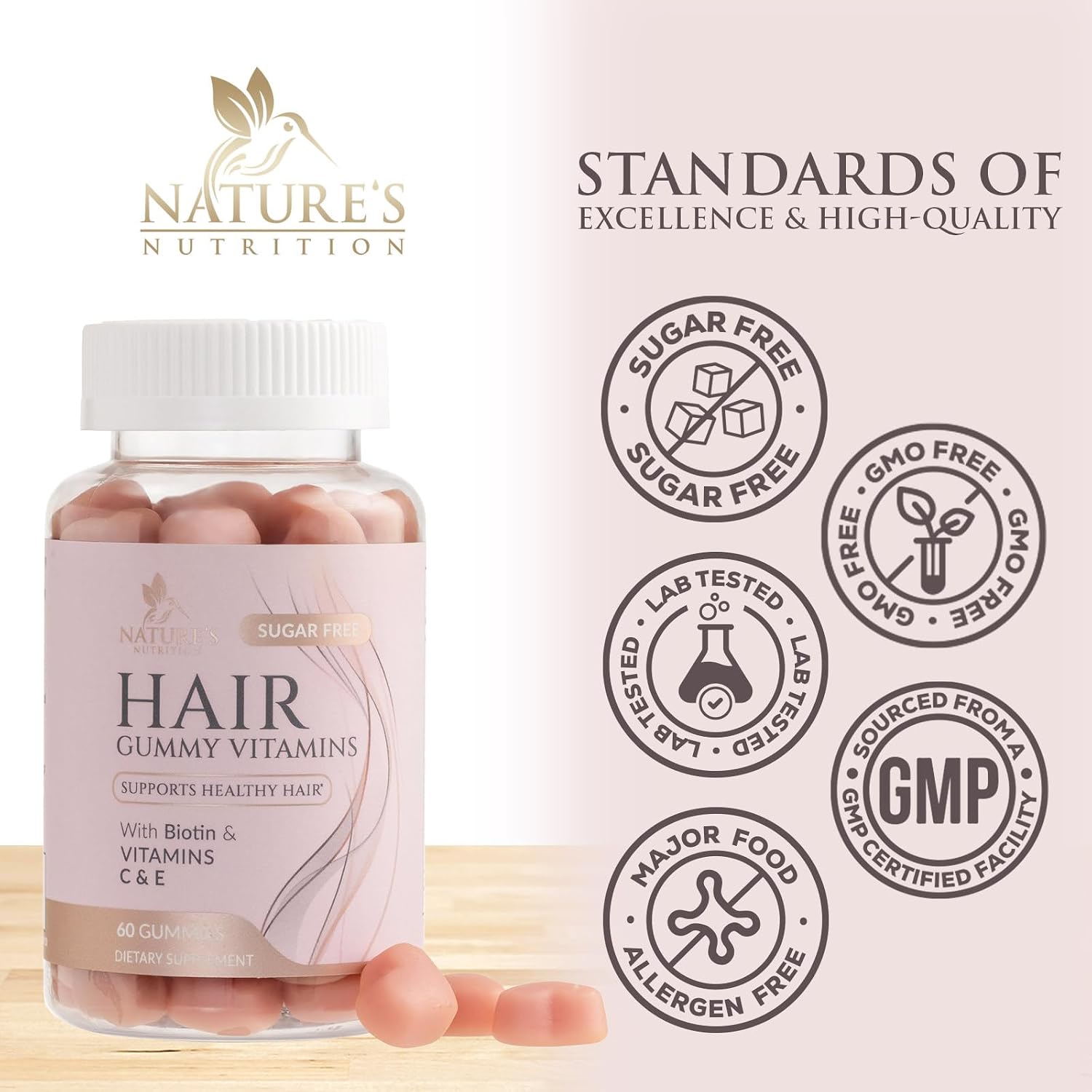 Hair Vitamins Gummies - Sugar Free Hair Support with Biotin 5000 mcg, Vitamins A, C, D, E, B12, Folic Acid for Hair, Skin & Nails - Vegetarian - 60 Gummies - görsel 4