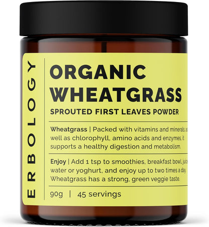 Erbology Organic Barley Grass Powder 91 g – 45 Servings – Body Cleansing and Gut Health Support – Rich in Chlorophyll, Iron and Magnesium – Sustainably Sourced in Europe – Vegan – Non-GMO