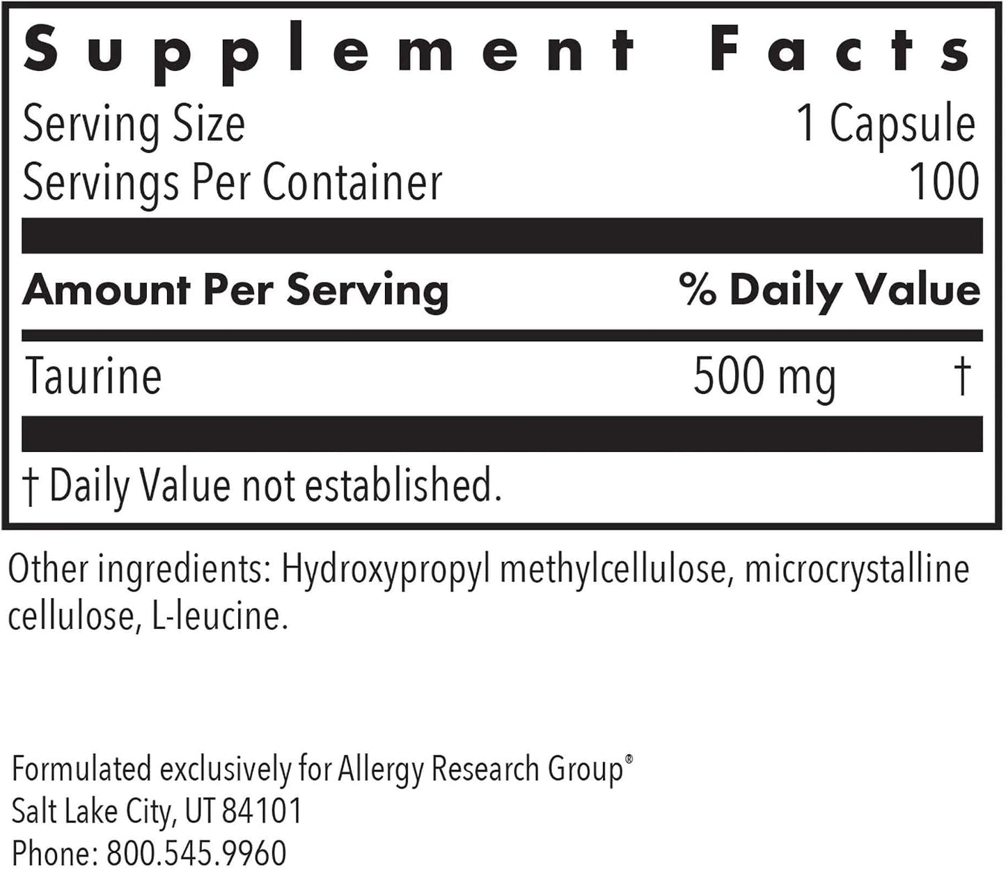 Nutricology Taurine 500 mg - Free Form Amino Acid Supplement - görsel 2