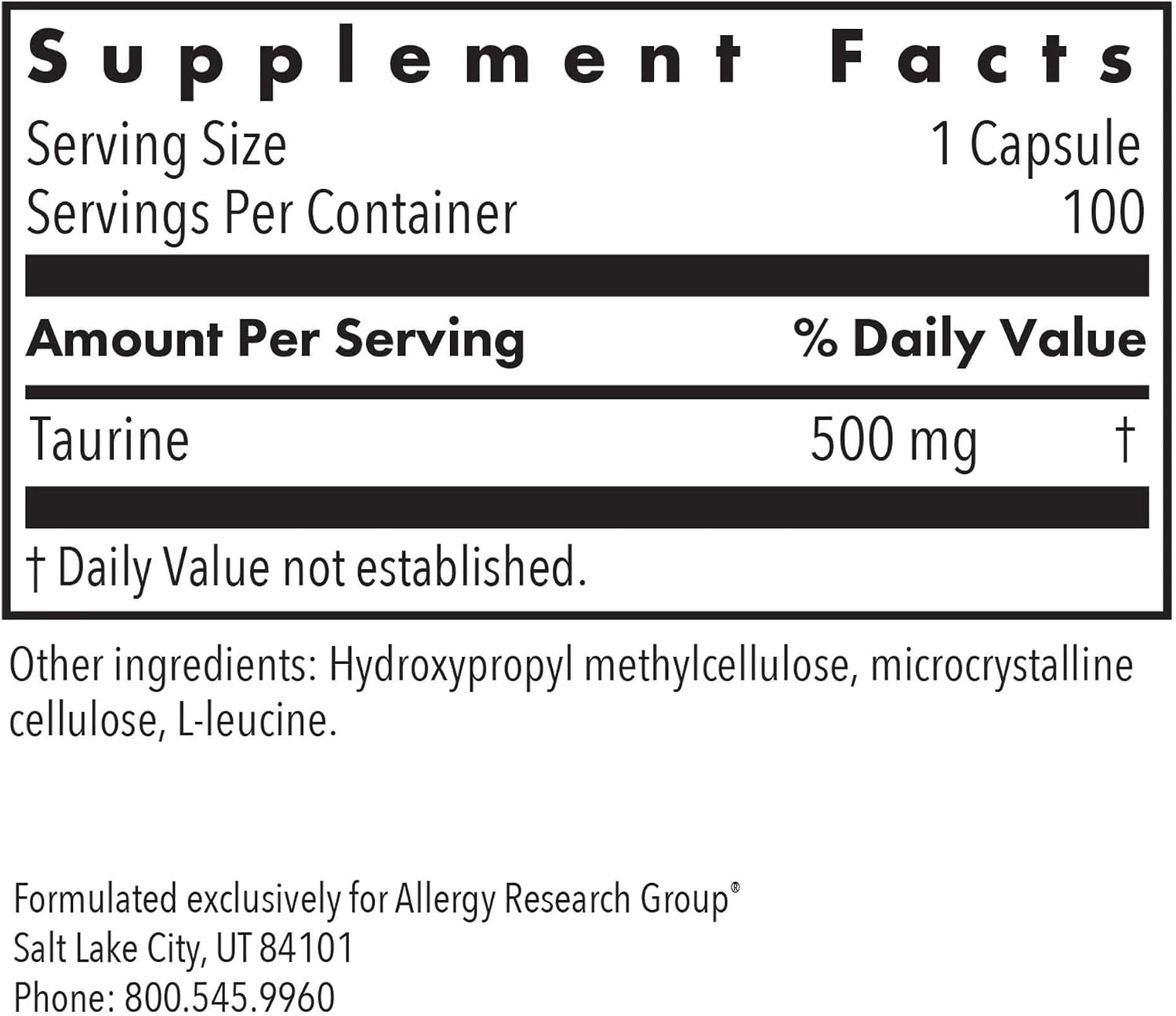 Nutricology Taurine 500 mg - Free Form Amino Acid Supplement - görsel 2