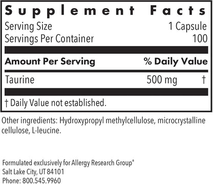 Nutricology Taurine 500 mg - Free Form Amino Acid Supplement