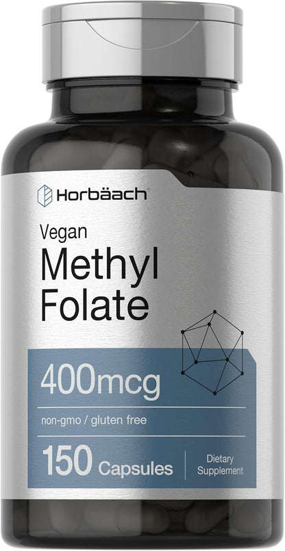 Horbäach Methyl Folate 400 μg | 150 Vegan Capsules | Non-GMO, Gluten-free | Food Supplement