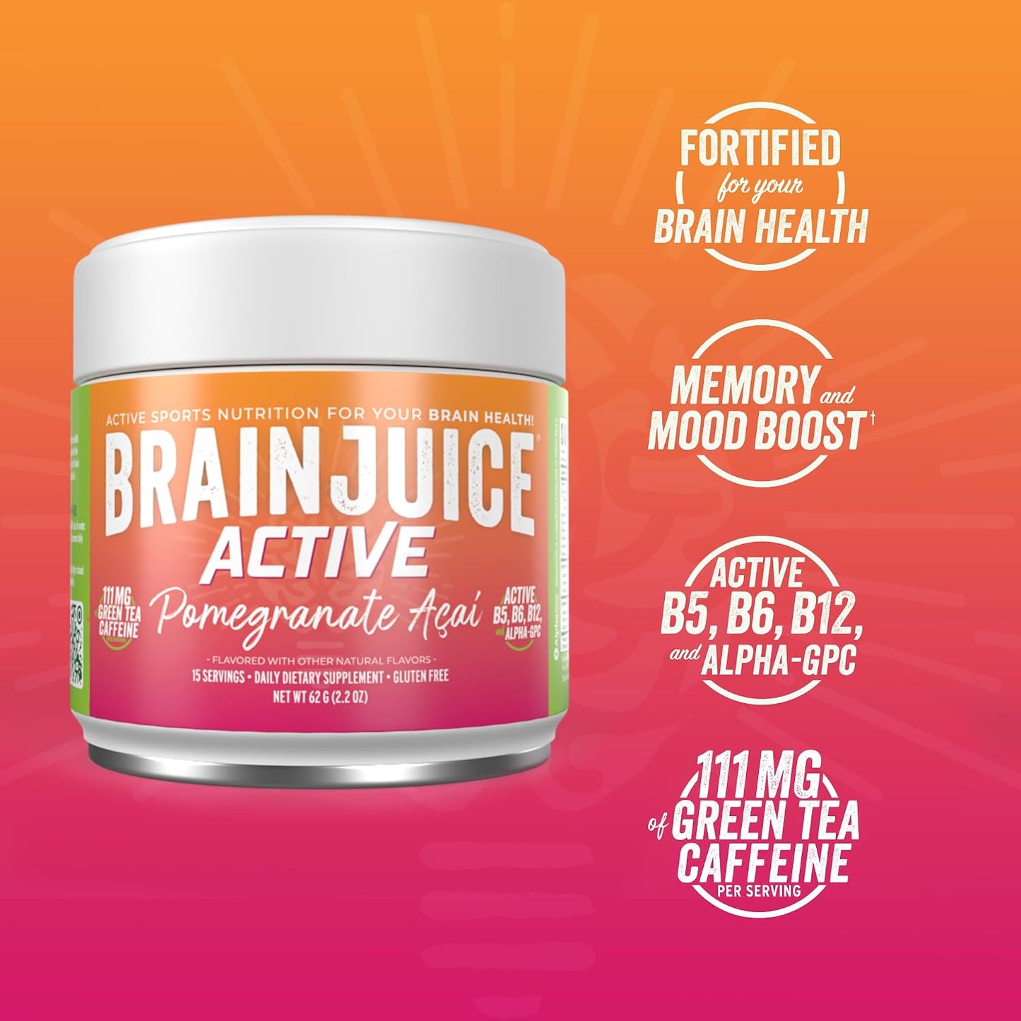 BrainJuice Nootropics Brain Support Supplement – Active Pomegranate Acai (15 Servings) - görsel 3