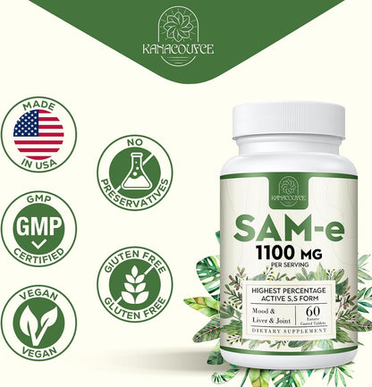 Kanacoufce SAM-e 1100mg – Highest Activity S,S Form – with B Vitamins – 60 Vegan Tablets