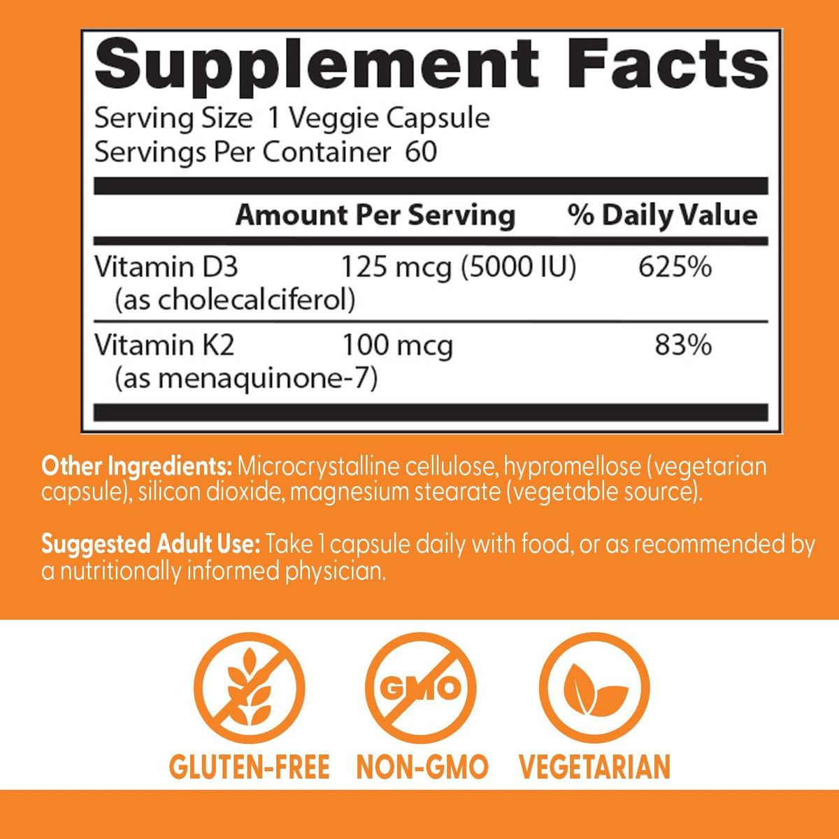 Doctor's Best Vitamin D3 and K2 Supplement for Men & Women - Vitamin D3 5000 IU + K2 as MK-7, Bone Health Support, Gluten-free, Non GMO, Vegetarian Capsules - 60 Veg Caps - görsel 3