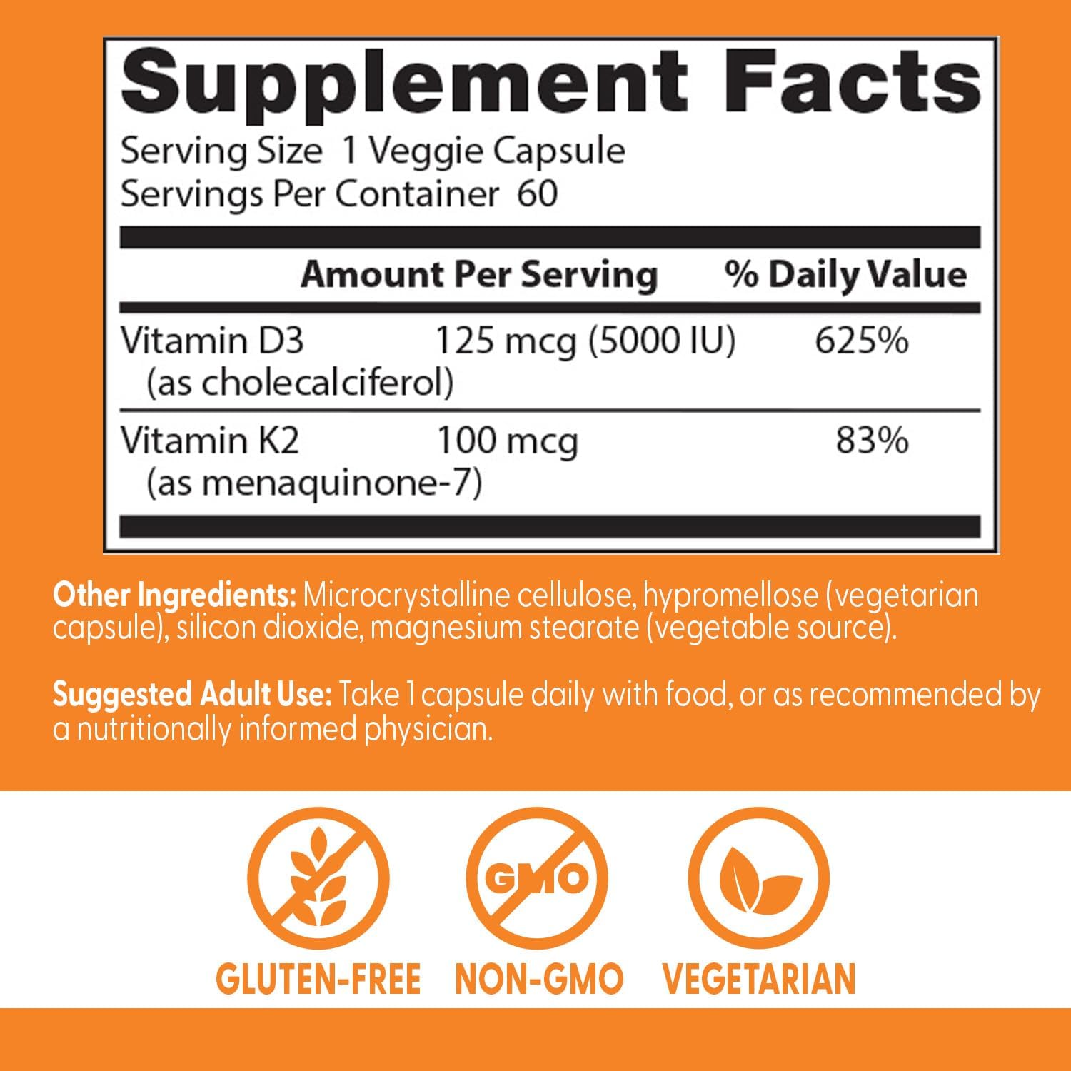 Doctor's Best Vitamin D3 and K2 Supplement for Men & Women - Vitamin D3 5000 IU + K2 as MK-7, Bone Health Support, Gluten-free, Non GMO, Vegetarian Capsules - 60 Veg Caps - görsel 3