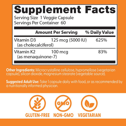 Doctor's Best Vitamin D3 and K2 Supplement for Men & Women - Vitamin D3 5000 IU + K2 as MK-7, Bone Health Support, Gluten-free, Non GMO, Vegetarian Capsules - 60 Veg Caps