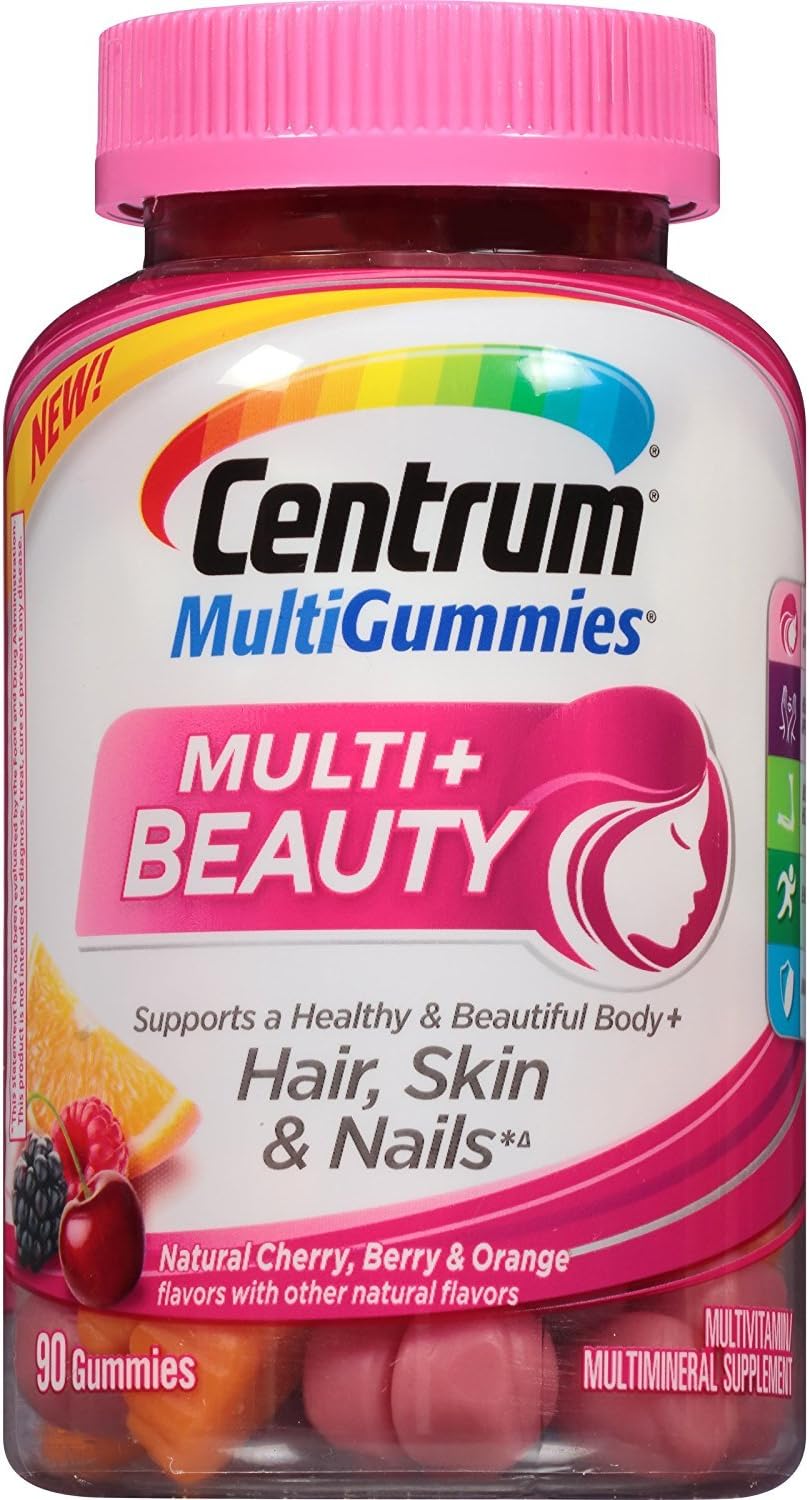 Centrum MultiGummies + Beauty Gummy Multivitamin for Women, Hair Skin and Nails, Cherry/Berry/Orange Flavours, 90 Count - görsel 1