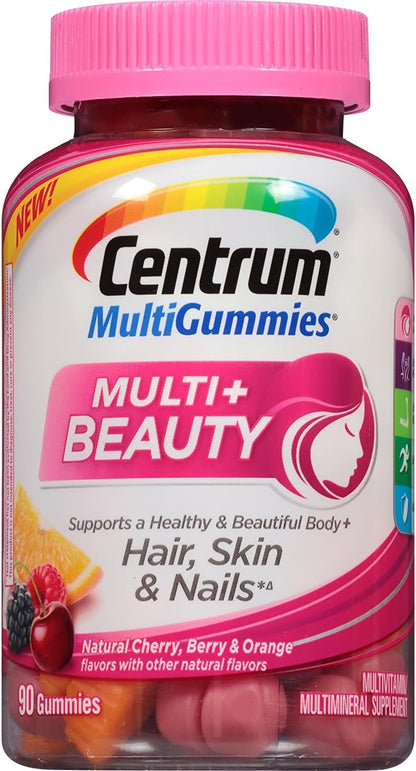 Centrum MultiGummies + Beauty Gummy Multivitamin for Women, Hair Skin and Nails, Cherry/Berry/Orange Flavours, 90 Count