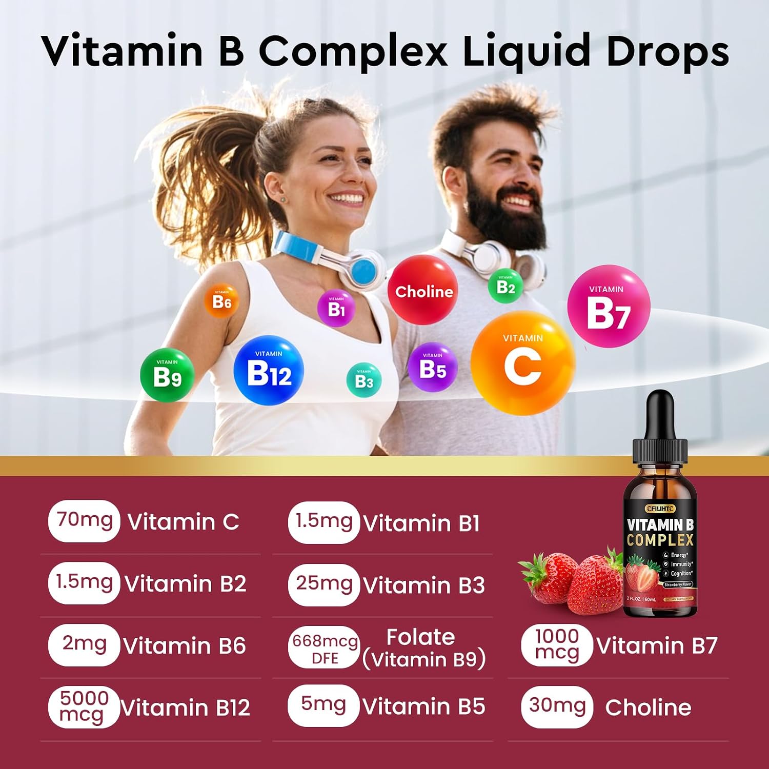 CFILIHTC Vitamin B Complex Liquid Drops - B1, B2, B3, B5, B6, B7, B9, Methyl B12 5000mcg - Strawberry Flavour - Vegan - görsel 3