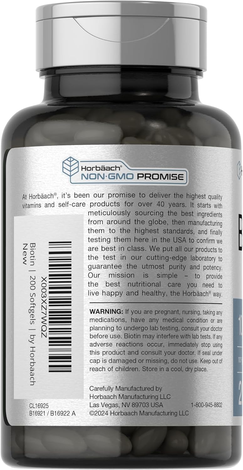 Horbäach Biotin 10,000 mcg - 200 Soft gel capsule Capsules - Vitamin B7 Supplement - görsel 3