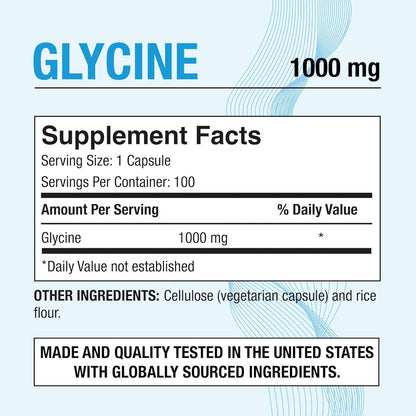 Puregen Labs Glycine 1000mg [High Potency] – 100 Vegetarian Capsules – Supports Restful Sleep – Non-GM, Gluten-free & Dairy-Free