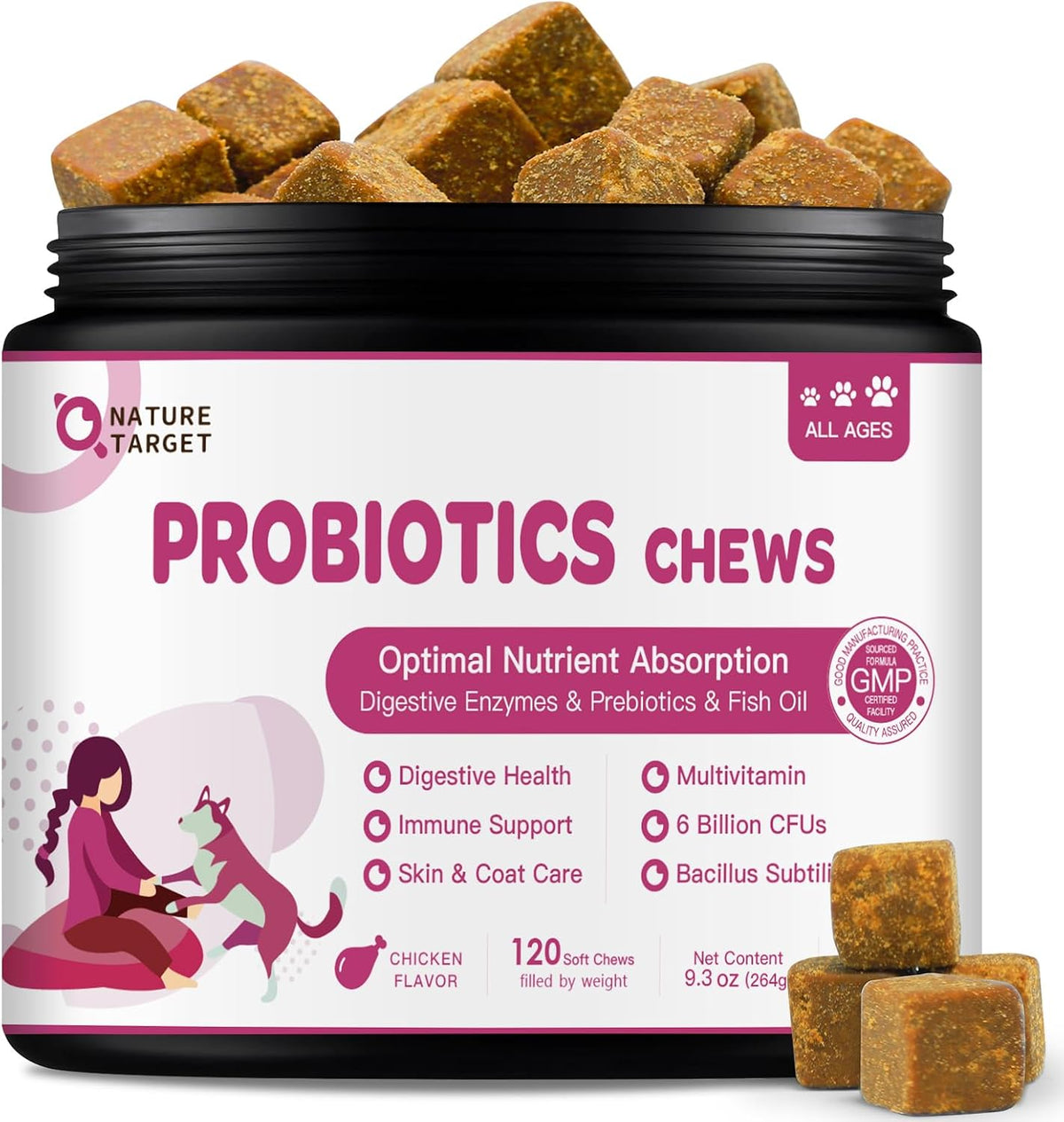NATURE TARGET Probiotics for Dogs, 120 Soft Chews, Chicken Flavour | Plus Digestive Enzymes & Prebiotic for Digestive Health, Fish Oil & Vitamins Supplement for Allergies & Immune & Itchy Skin - görsel 1