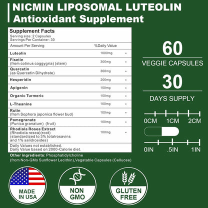 NICMIN 1000mg Liposomal Luteolin Food Supplement - Maximum Absorption, 60 Capsules