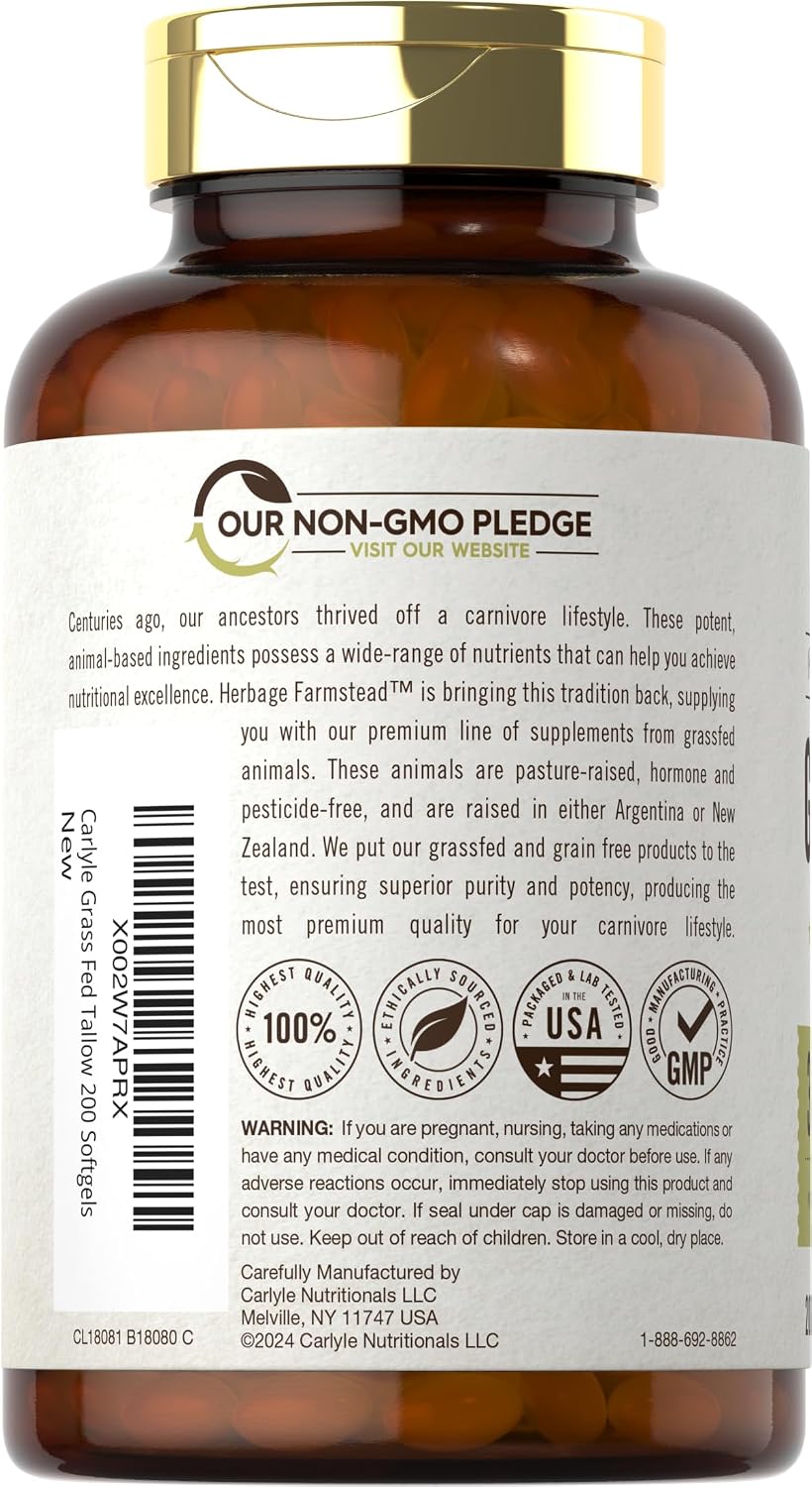 Carlyle Grass Fed Beef Tallow 3120mg | 200 Soft gel capsule Capsules | Pasture Raised Bovine Supplement | Non-GM, Gluten-free | by Herbage Farmstead - görsel 3