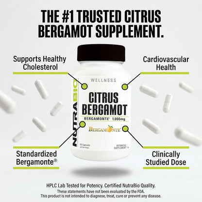 NutraBio Citrus Bergamot Bergamonte® Extract Supplement – 1000mg per Serving – 90 Capsules