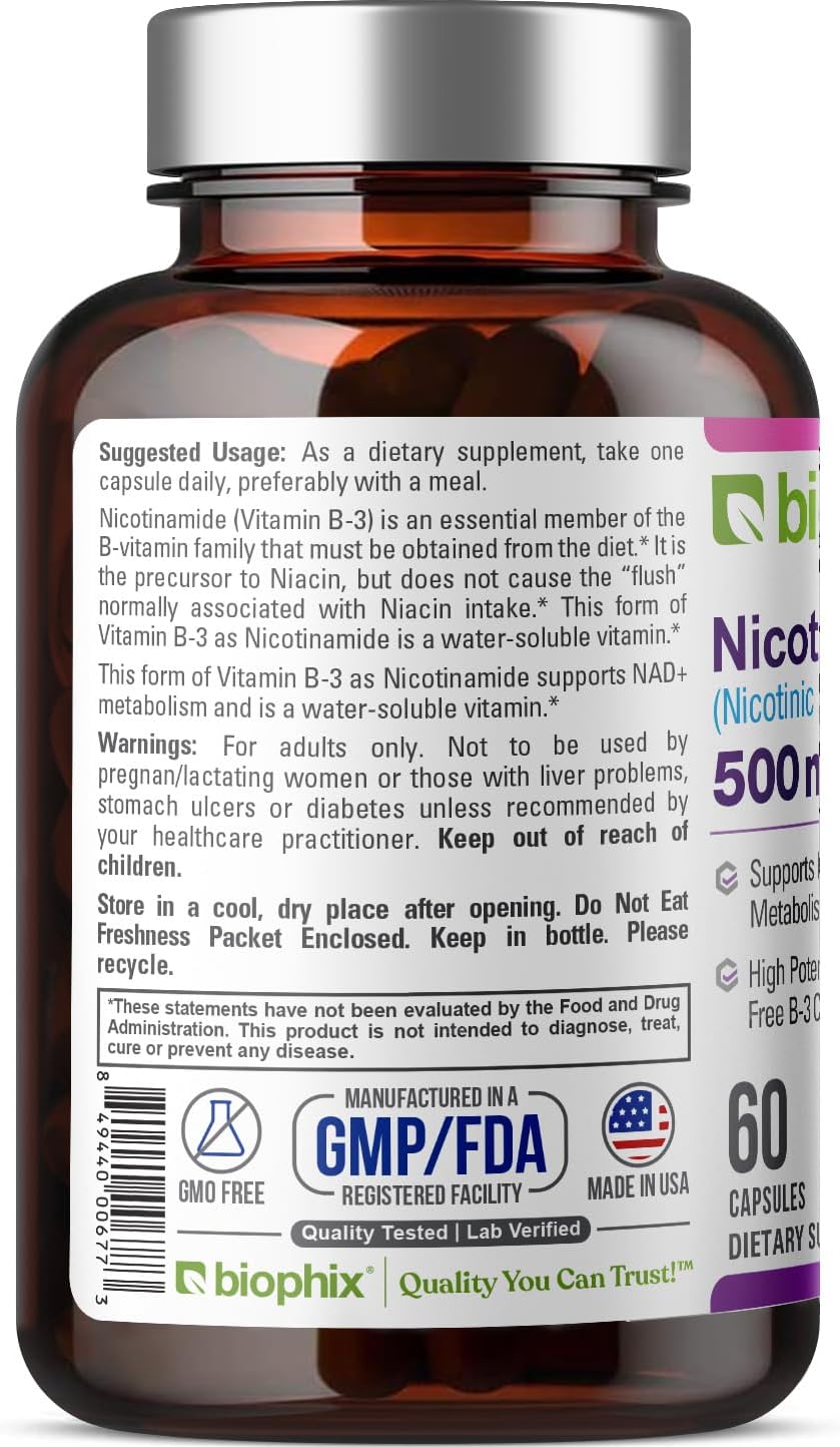 biophix B-3 Nicotinamide 500 mg 60 Caps – Nicotinic Amide Niacin Natural Flush-Free Vitamin Formula – Image 6