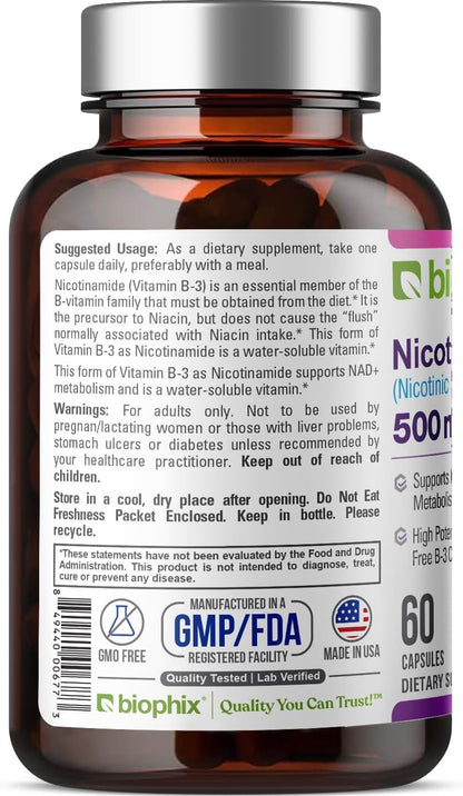 biophix B-3 Nicotinamide 500 mg 60 Caps – Nicotinic Amide Niacin Natural Flush-Free Vitamin Formula – Image 6